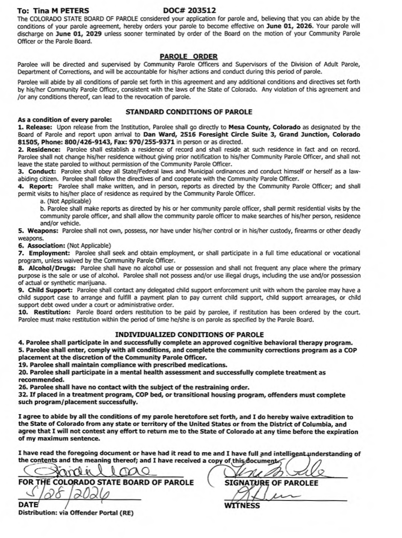KyleClark's tweet photo. NEW: Tina Peters' parole conditions include no firearms and a "cognitive behavioral therapy program." She must get her parole officer's permission to leave Colorado but there are no restrictions on who she can associate with post-release. https://t.co/H03yX6lEyZ