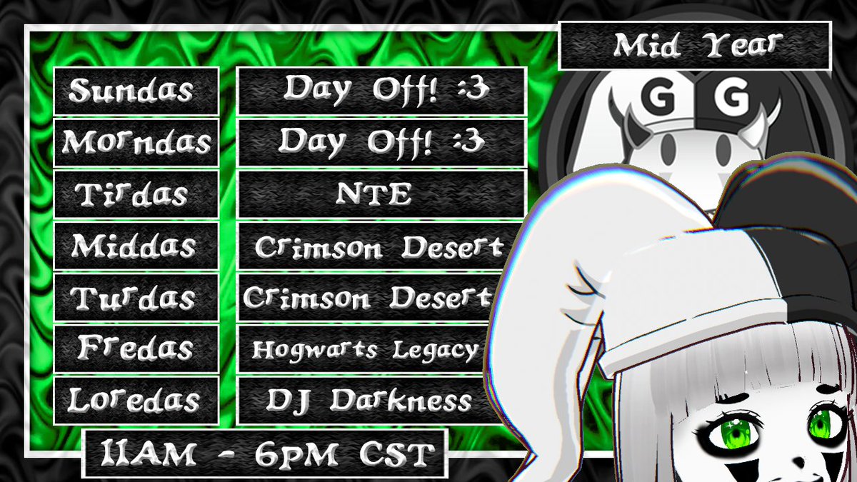 GreertheJester's tweet photo. Here's this week's Strem Schedule! If you're curious what DJ Darkness means, well that's Greer's DJ name. So get excited for a rare DJ strem on Saturday!🤍
Link: https://t.co/FJgojp9Rho https://t.co/QXUJEjI8qA
