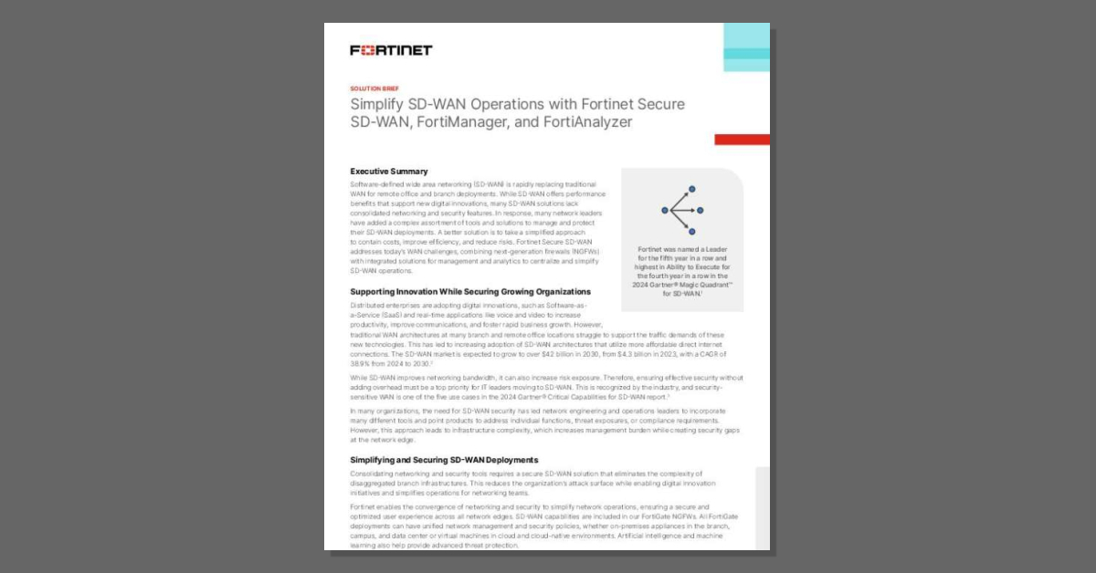 GsolutionsMsp's tweet photo. SD-WAN doesn't have to be complicated. ❌ Download the solution brief to see how @Fortinet Secure SD-WAN makes it easier to manage with centralized control and analytics. https://t.co/mKgTlBCFGc https://t.co/FcOf6TQ8NS