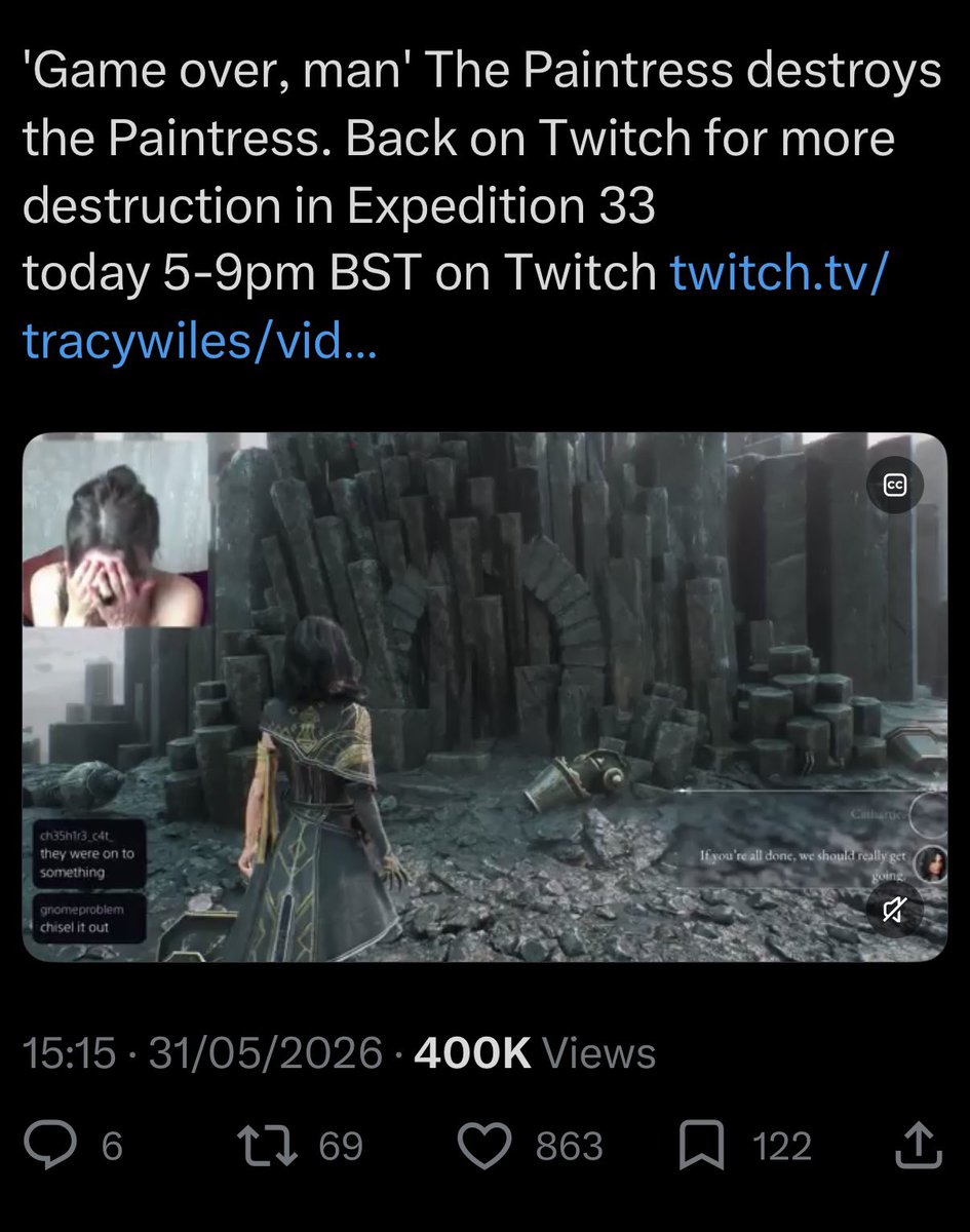 TracyWiles's tweet photo. 400,000 people have now watched The Paintress accidentally punch out her own shrine?
Cool. Cool. https://t.co/Coho2Jh7YU