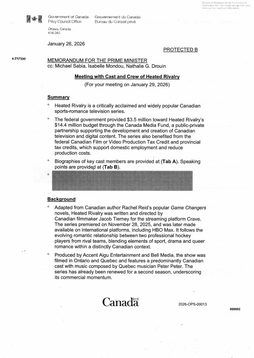 DeanBeeby's tweet photo. Access-to-info request: PM Carney's meeting with cast/crew of 'Heated Rivalry' chock full of cabinet secrets and confidential advice. #cdnfoi #cdnpoli #broken https://t.co/0s1aHZqlNb