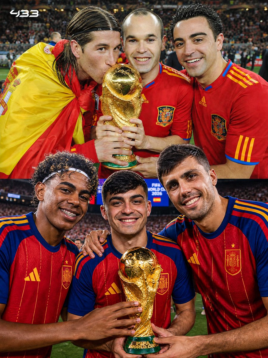 433's tweet photo. 𝐂𝐀𝐍 𝐒𝐏𝐀𝐈𝐍 𝐃𝐎 𝐈𝐓 𝐀𝐆𝐀𝐈𝐍? 🏆🇪🇸

From Ramos, Xavi, Iniesta... to Yamal, Pedri, Rodri 💎
Spain’s golden generation made history in 2010 📚
Can the new generation do it again 2026? 🤔

⭐ 𝗙𝗔𝗩𝗢𝗥𝗜𝗧𝗘 𝗦𝗣𝗔𝗜𝗡 in the 𝟰𝟯𝟯 𝗔𝗣𝗣 ✨ https://t.co/3yWPvU3I94