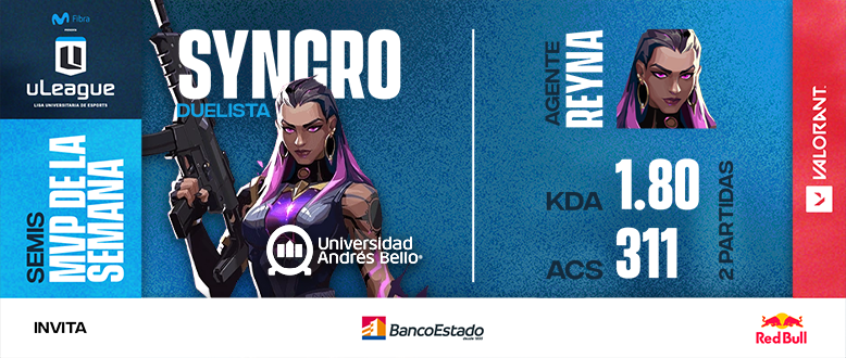 GameClubcl's tweet photo. MVP de semifinales de VALORANT es Syncro, desde la Universidad Andrés Bello. https://t.co/fEcQMFCnnZ