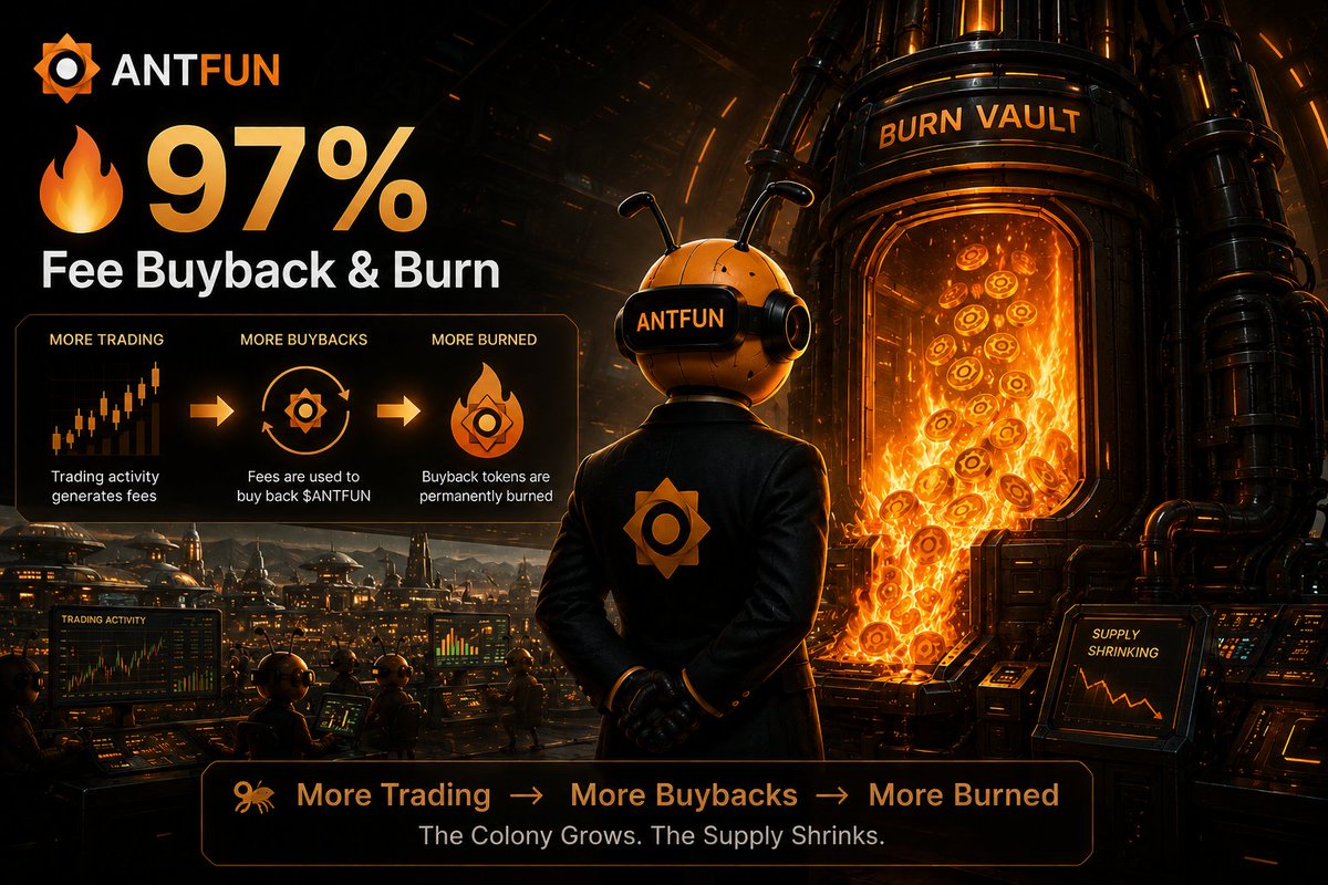 ant_fun_trade's tweet photo. Every trade reduces supply.

97% of transaction fees are used to buy back $ANTFUN from the market and permanently burn it 🔥

More trading.
More buybacks.
More burned.

The colony grows. The supply shrinks. 🐜