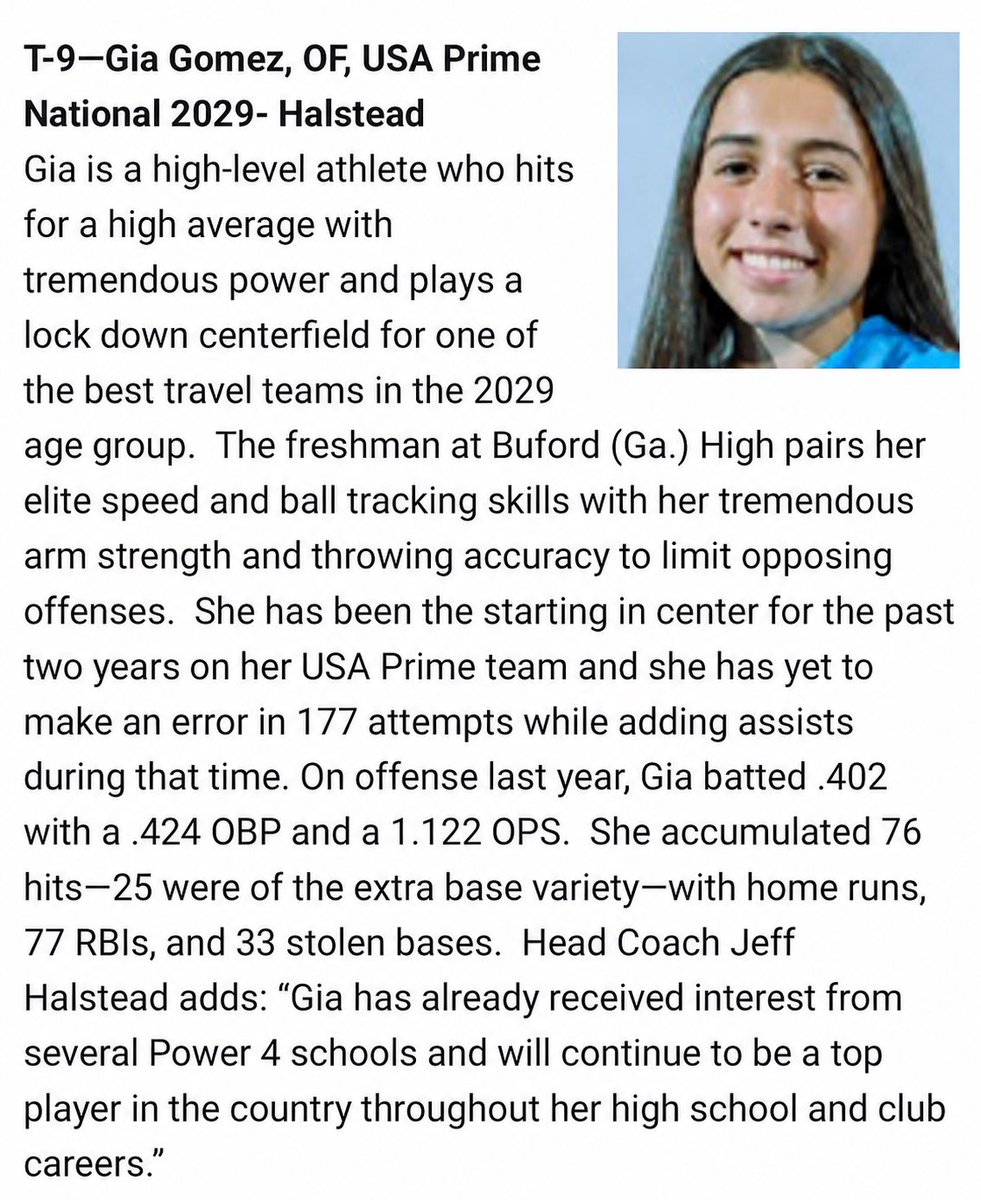 GiaGomez2029's tweet photo. Thank you so much @LineDsoftball for ranking me #9 in the class of 2029!

@BWolvesSoftball @PGFnetwork @CoastRecruits @THEWOWSB @PrimeNatSftball @PrimeHalstead 
@d1fastpitch1 @D1Softball @fastpitchwatch @IHartFastpitch @ImpactRetweets 
@KeyPlayerNation @LegacyLegendsS1
@LineDsoftball @MaxPreps 
@PlaySoftballNet 
@SoftbalAmerica @Softball_Home @SoftballClips
@SoftballDown @SoftballHome @SoftballPros
@SportPrepX @SportsXFilm @SunilSportsNews
@TAProfileAPP @TGETalent @TopPreps
@tp_softball