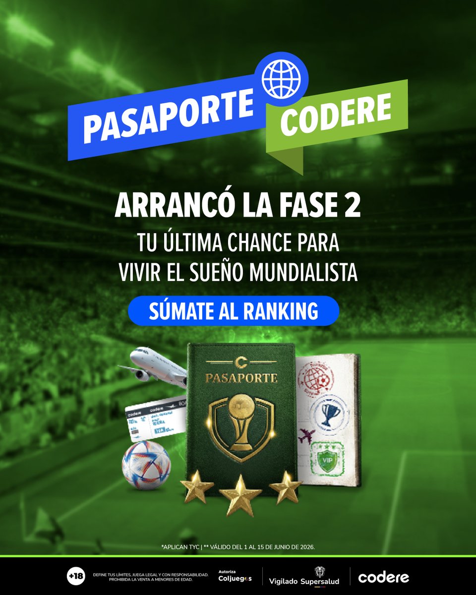 CodereCO's tweet photo. Fase 2 del #PasaporteCodere activada. ⚽🔥Tu última oportunidad para subir en el #ranking y jugar por un viaje doble a la máxima fiesta del futbol con Codere. 🏆✈️ ¿Vas o te quedas? 👀 https://t.co/kEmPFRb2Tf