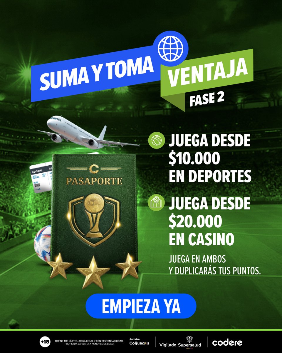 CodereCO's tweet photo. Fase 2 del #PasaporteCodere activada. ⚽🔥Tu última oportunidad para subir en el #ranking y jugar por un viaje doble a la máxima fiesta del futbol con Codere. 🏆✈️ ¿Vas o te quedas? 👀 https://t.co/kEmPFRb2Tf