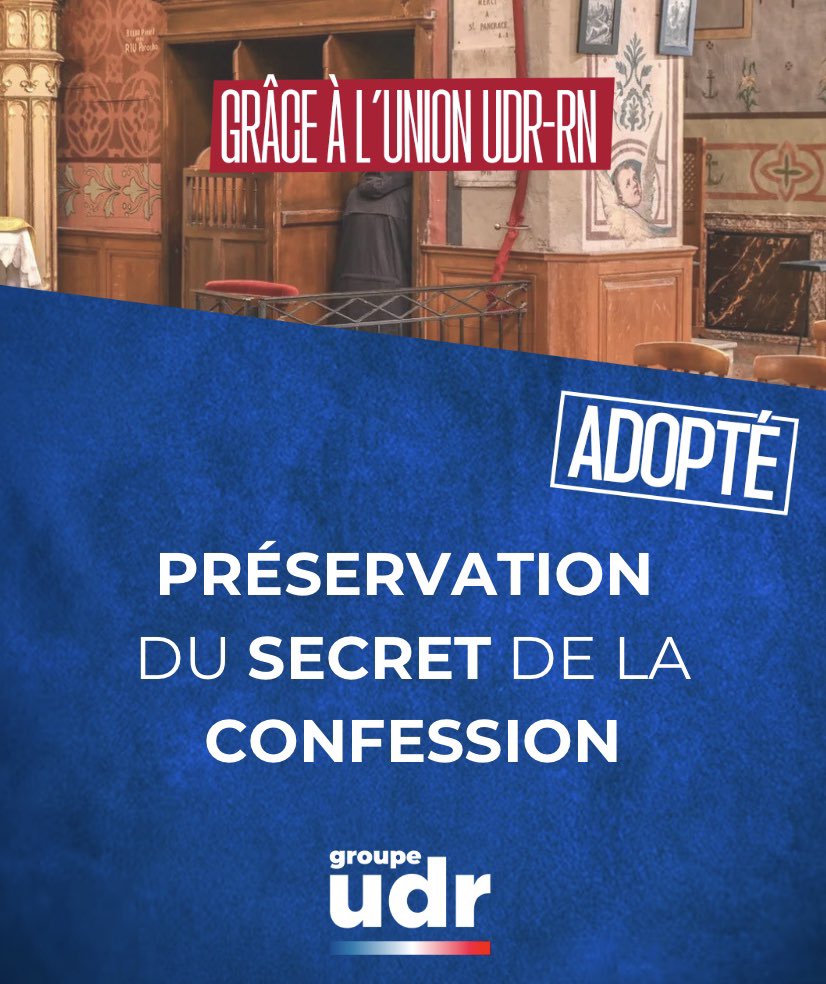 groupeudr's tweet photo. ✅ Adopté !

À l’initiative de l’UDR, la disposition remettant en cause le secret de la confession a été supprimée.

Une victoire pour la liberté de culte et le respect des libertés fondamentales. https://t.co/Z3kQavPDvr