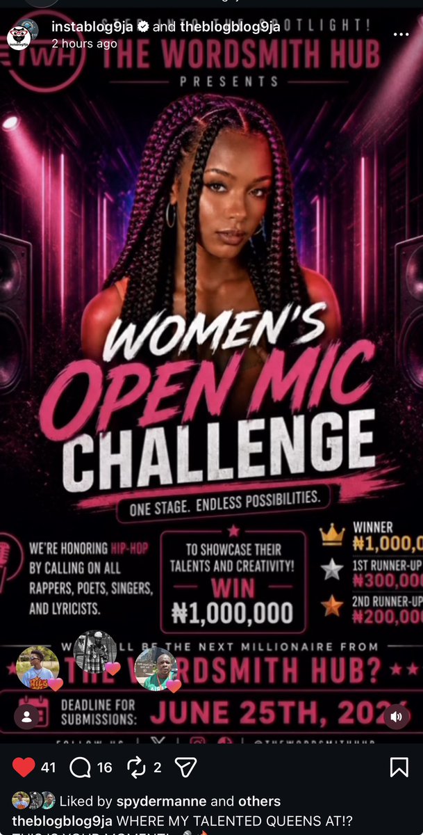 Thewordsmithhub's tweet photo. WE’RE GOING BIGGER!!! 🎤🎤🔥🔥

The Women’s Open Mic Challenge has officially been featured on @instablog9ja 

To every female rapper, singer, poet, and lyricist discovering us through the post, welcome! This is your sign to step forward and showcase your talent. https://t.co/3nNyYB0PQl