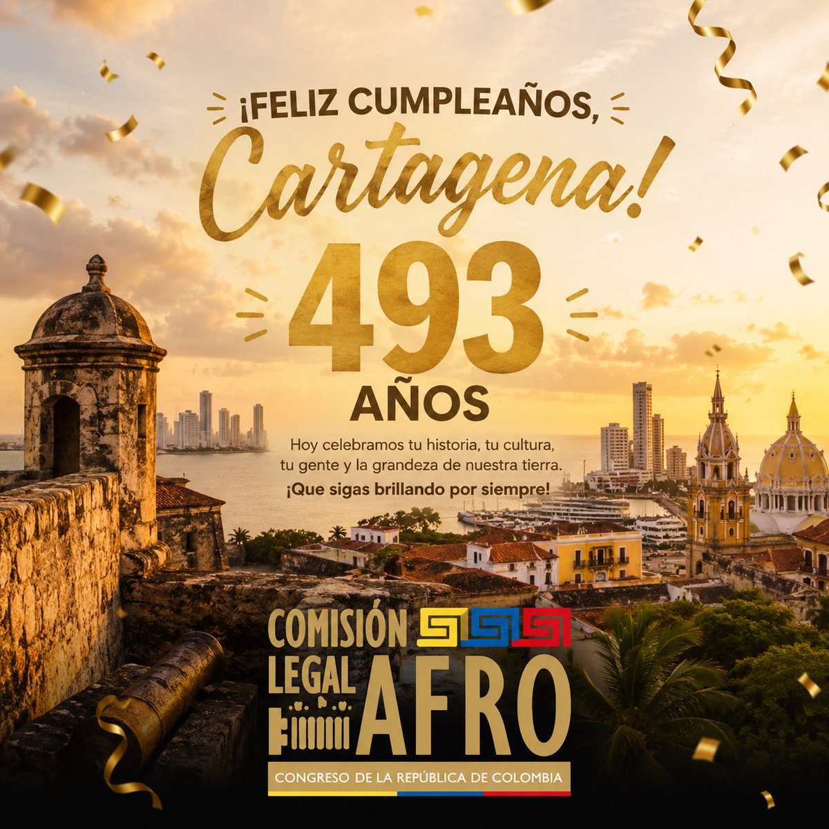 AfroComision's tweet photo. Hoy celebramos 493 años de historia, cultura, resistencia y grandeza de nuestra querida Cartagena de Indias.

Una ciudad que ha sido símbolo de diversidad, patrimonio y orgullo para Colombia, construida por generaciones que han dejado una huella imborrable en nuestra identidad. https://t.co/1peJd3QnHp