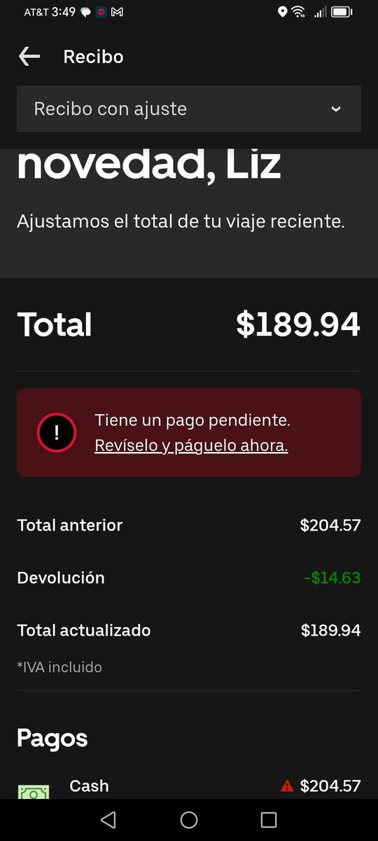 LizDoris12's tweet photo. Resulta que por un error del conductor o aplicación me marca saldo pendiente y la solución de Uber es reembolsar me dinero y si o si volver a pagar lo que pague del bieje https://t.co/xd39bJ8ysX