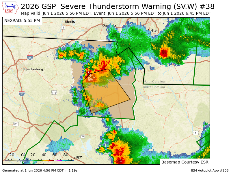 WeatherUpstate's tweet photo. GSP issues Severe Thunderstorm Warning [wind: 60 MPH (RADAR INDICATED), hail: 1.00 IN (RADAR INDICATED)] for Chester, York [SC] till 6:45 PM EDT https://t.co/e6WlxHD9mx https://t.co/6sEhMEK5pM