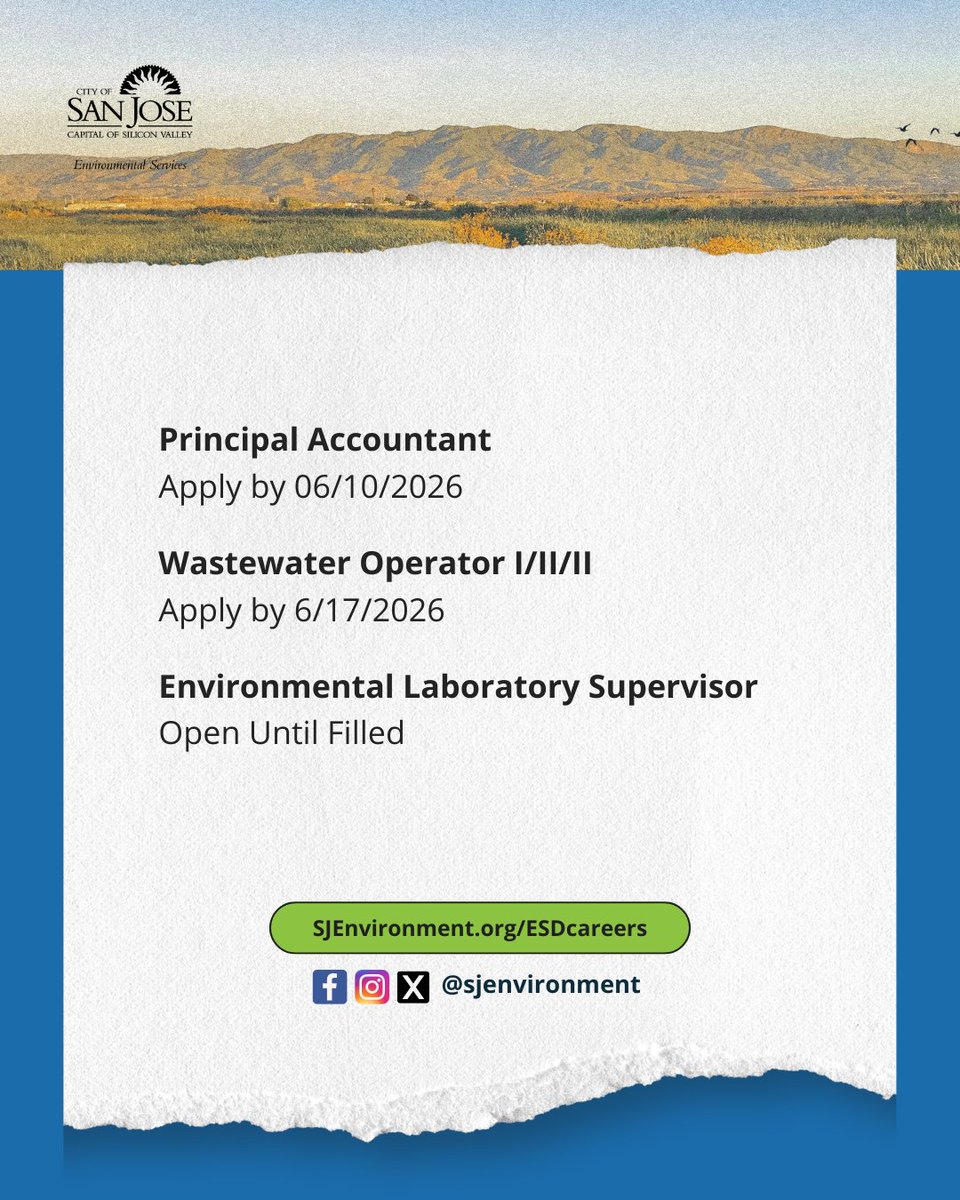 sjenvironment's tweet photo. Are you passionate about protecting the environment? 🌎

We're hiring for a Principal Accountant, multiple Wastewater Operators, and an Environmental Laboratory Supervisor! Apply today at https://t.co/QulLRXBvYf. https://t.co/jyReUNupeN