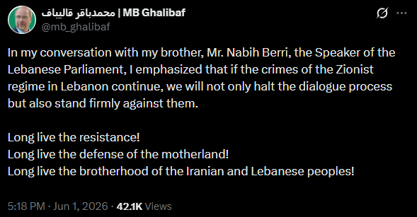 KobeissiLetter's tweet photo. BREAKING: Iran's Speaker of the Parliament Ghalibaf releases his first statement since Iran halted all negations with the US.

Ghalibaf says Israel must stop its "crimes" on Lebanon or Iran will "not only halt the dialogue process but also stand firmly against them." https://t.co/UUvMY3IOn0