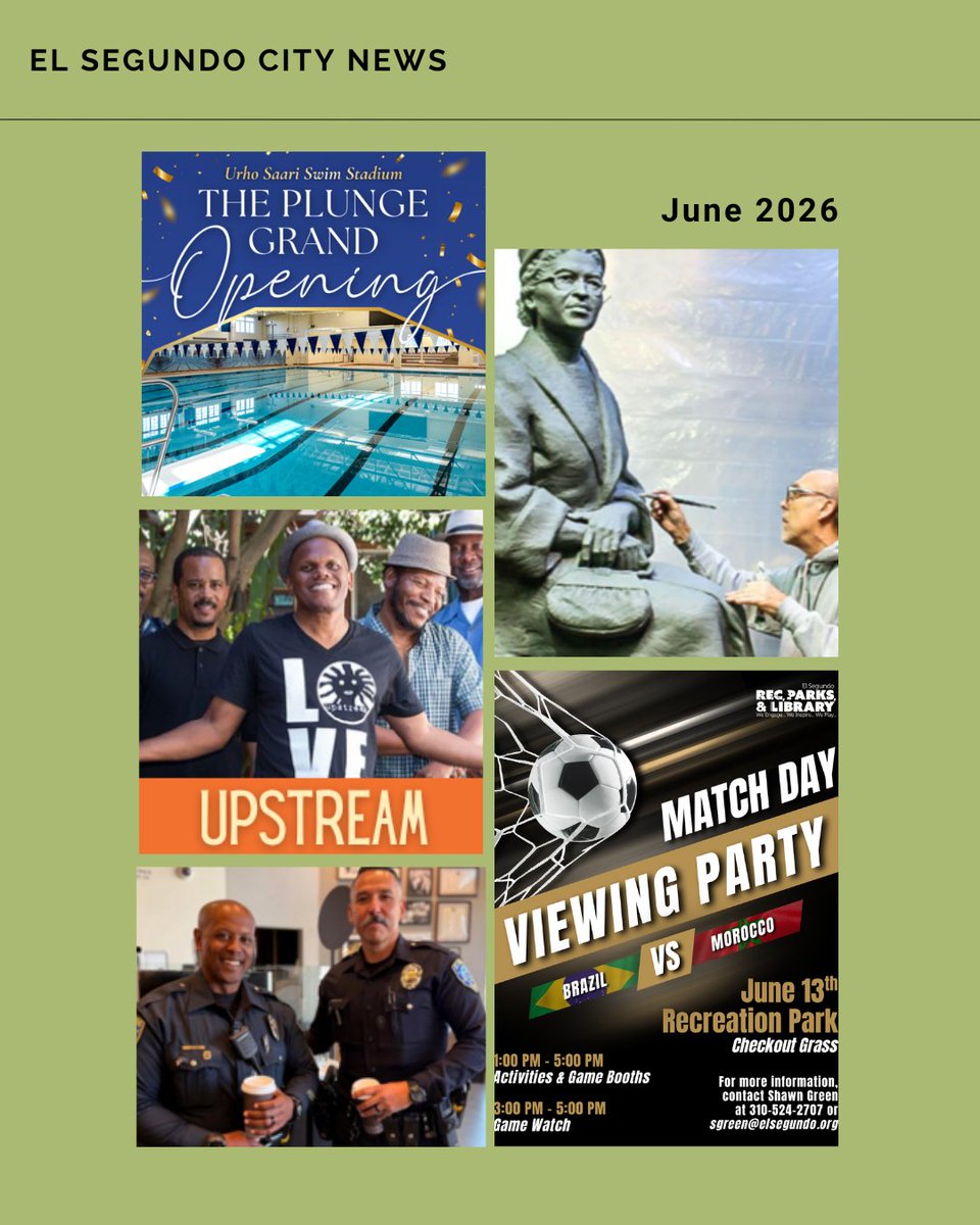 elsegundocity's tweet photo. 🌊 June's City Newsletter is out! See the highlights here: the Plunge Grand Opening on Saturday June 6, World-Renown Sculptor Eugene Daub event at the El Segundo Library, a Match Day Viewing Party for the FIFA World Cup, and more! https://t.co/6EoUm3bF3H https://t.co/Jd6tVNwb95