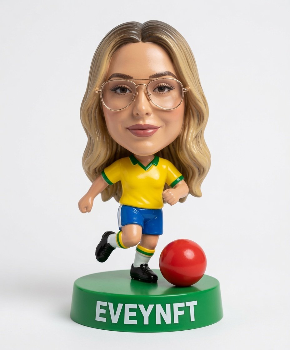 EveyNFT's tweet photo. 10 days until the FIFA World Cup😏 #Brasil 

Prompt: "Create a highly detailed vintage 1990s "Mini Craques" style bobblehead figurine of the exact person in the uploaded photo, in the classic soccer player miniature style (big exaggerated head, small body, shiny glossy painted plastic texture).

Strict rules:
- Stay 100% loyal to the uploaded photo: replicate their real facial features, skin tone, eye shape, nose, mouth, hairstyle, hair color, glasses (if any), expression, and overall likeness as accurately as possible in bobblehead caricature form.
- Do NOT make them prettier or change their core appearance.

Details:
- Dynamic kicking/dribbling pose, one leg forward near the ball
- Plain red soccer ball with no brands or logos whatsoever
- Round green base with the name [YOUR NAME] written in bold white capital letters on the front (exactly like the classic ones)

Outfit:
Put them in a [DESCRIBE THE TEAM JERSEY HERE — be specific]
Include the matching shorts, socks and boots for that specific team.

Style: Professional product photography on clean white background, soft studio lighting, high resolution, authentic collectible toy look."