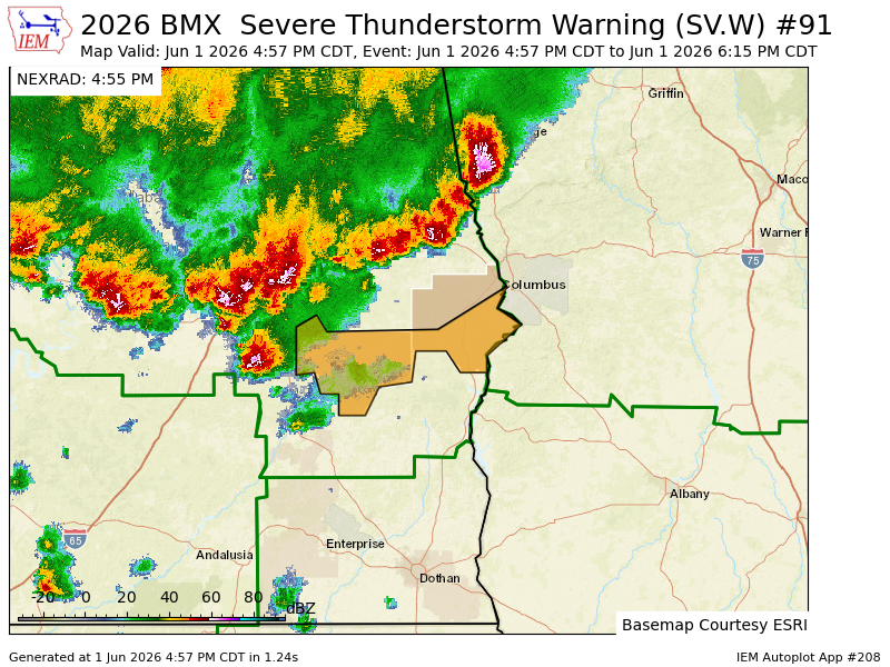 K4NWS's tweet photo. BMX issues Severe Thunderstorm Warning [wind: 60 MPH (RADAR INDICATED), hail: 1.00 IN (RADAR INDICATED)] for Bullock, Russell [AL] till Jun 1, 6:15 PM CDT https://t.co/JjyuHJYIsZ https://t.co/ClMEFrDKfY
