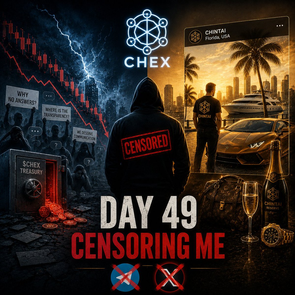 Lion7Flash's tweet photo. Day 49 of $CHEX censoring me!

If holders are expected to stay patient through treasury selling and dilution, then leadership optics matter too.

You cannot ask the community for patience while simultaneously allowing the perception that leadership is disconnected from the financial pressure facing the project.