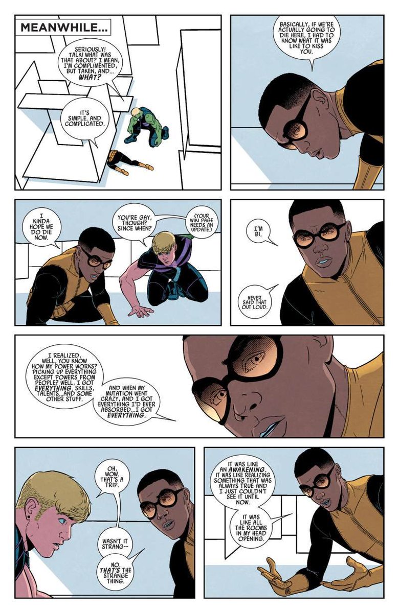 comicvisibility's tweet photo. The 2nd queer comic character of the day is David Alleyne aka Prodigy from Marvel! He is bisexual. 

He debuted in New Mutants (2003) and came out in Young Avengers (2013). He previously dated Tommy Shepherd aka Speed, but in NYX began dating Dante. https://t.co/MF0jL6OJN1