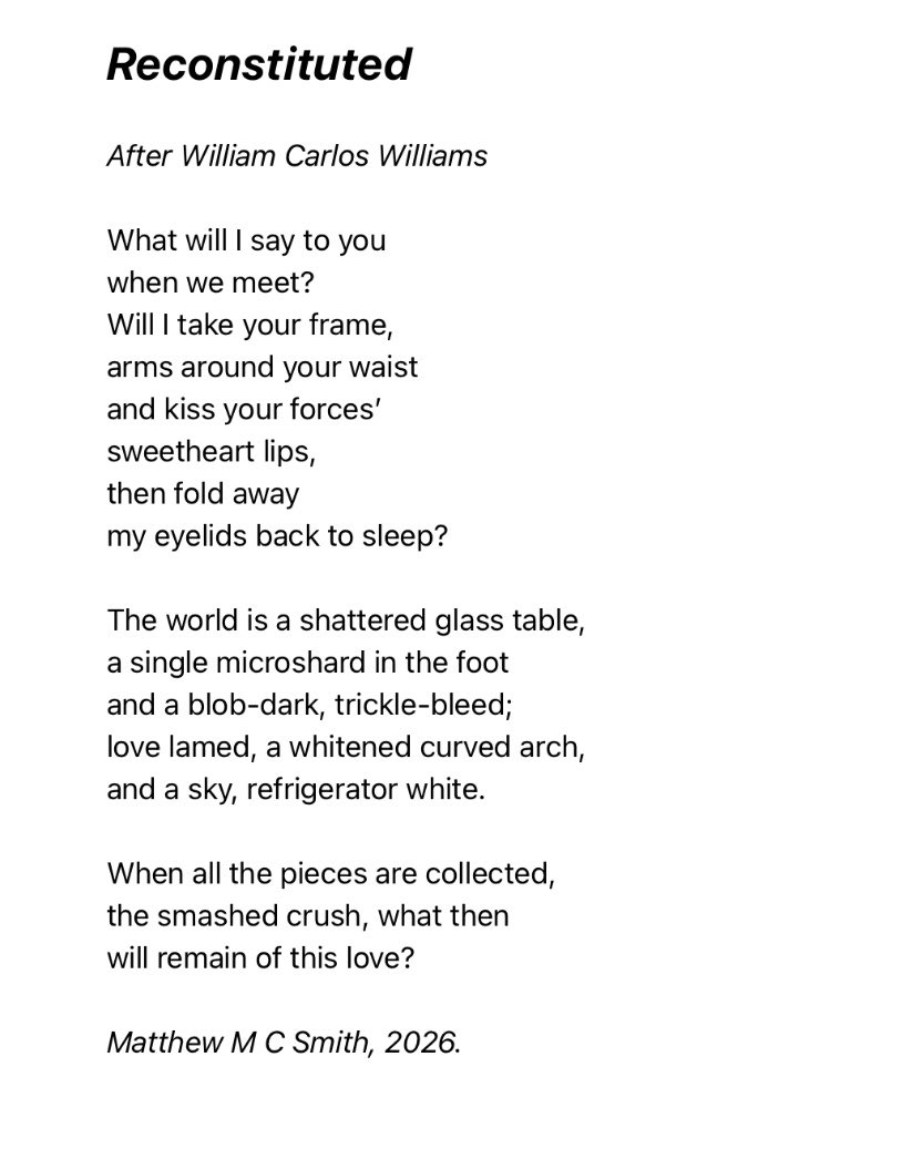 MatthewMCSmith's tweet photo. Inspired by William Carlos Williams’s ‘A Love Song’, I have written ‘Reconstituted’. 

Quite simple and weird. 

@TopTweetTuesday #micropoem #imagism #poetry #poetic https://t.co/u4ZAN4W4p7