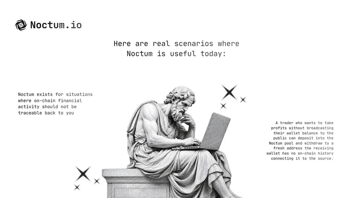 Noctum_io's tweet photo. Here are real scenarios where Noctum is useful today:

Noctum exists for situations where on-chain financial activity should not be traceable back to you. A trader who wants to take profits without broadcasting their wallet balance to the public can deposit into the Noctum pool and withdraw to a fresh address the receiving wallet has no on-chain history connecting it to the source. A developer or contractor paid in ETH can use the same flow before converting to fiat, so their employer or client cannot track downstream spending. A donor contributing to a cause on-chain can do so without their entire transaction history being visible to anyone who looks up their primary wallet. An individual moving funds between personal wallets for portfolio management reasons can avoid creating a visible link between those addresses.

On the identity side, a user can prove they control a wallet without revealing which wallet it is in a broader context. A community that requires wallet verification for access can use Noctum proof IDs as a credential the verifier calls one public API endpoint and gets a valid or invalid response with no other data exposed. The proof can be revoked instantly if the relationship ends. None of these use cases require trusting Noctum with funds beyond the time they spend in the pool. The protocol does not hold keys, does not custody assets, and does not require an account.