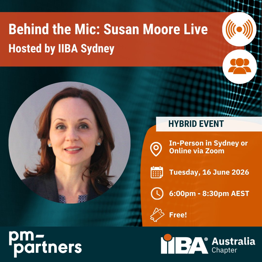 IIBAAus's tweet photo. Join IIBA Sydney in person or online on 16 June for a live interview with Susan Moore, IIBA's Community Engagement Manager and host of the podcase 'Business Analysis Live!'.

Registration is free. Sign up here: https://t.co/hoipe5kigc 

#IIBA #BusinessAnalysis #Sydney #Online https://t.co/MSxAKV0WLP