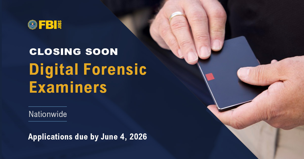 FBIJobs's tweet photo. Applications close June 4 for the #digital #forensic examiner role at the #FBI. Retrieve and #analyze digital evidence that supports national investigations. Forge your path. Apply today. #FBIJobs #Hiring https://t.co/4V8u1NCRq5 https://t.co/Pq0yEb5RjC