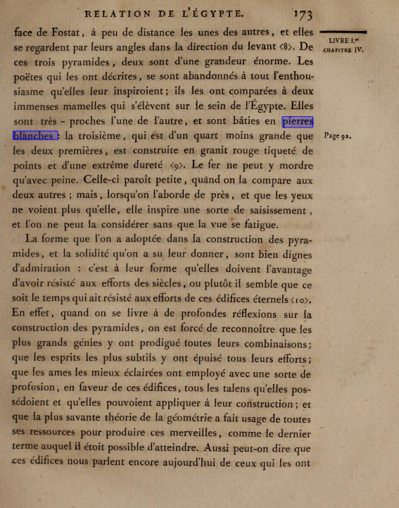 yukatapangolin's tweet photo. @MattSibson @EthicalSkeptic ES is wrong or lying about the book he is citing, Relation de l’Égypte by Abd al-Latif al-Baghdadi. It’s publicly available, and on page 173 it states that the 3 pyramids "et sont bâties en pierres blanches"[and are constructed of white stones]. https://t.co/XgIMZS6kxj https://t.co/3FB5vT648A