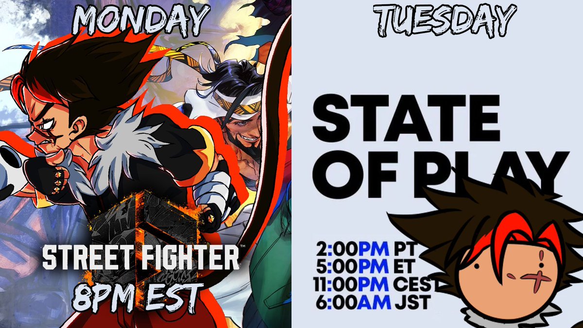EvanAxelVT's tweet photo. AYO WHATS GOOD ERRYBODY!

the schedule for this week will be very small, since i will be going away for most of the week.

Monday will be STREET FIGHTER 6!

 And Tuesday will be a reaction to the PLAYSTATION STATE OF PLAY!! It will be 

Hope to see you then! https://t.co/N1v515A47Q