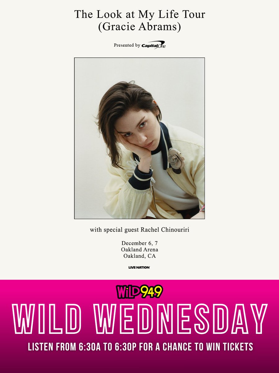 Wild949's tweet photo. It's #WiLDWednesday! We have your chance to win 2 tickets to see #GracieAbrams on December 7th at Oakland Arena. Listen for the keyword at :30 after the hour, from 6:30am to 6:30pm!

📻: https://t.co/M27l2pKa3h
🎫Tickets go on sale this Friday at 9am at Ticketmaster https://t.co/E3bOxQEIV2