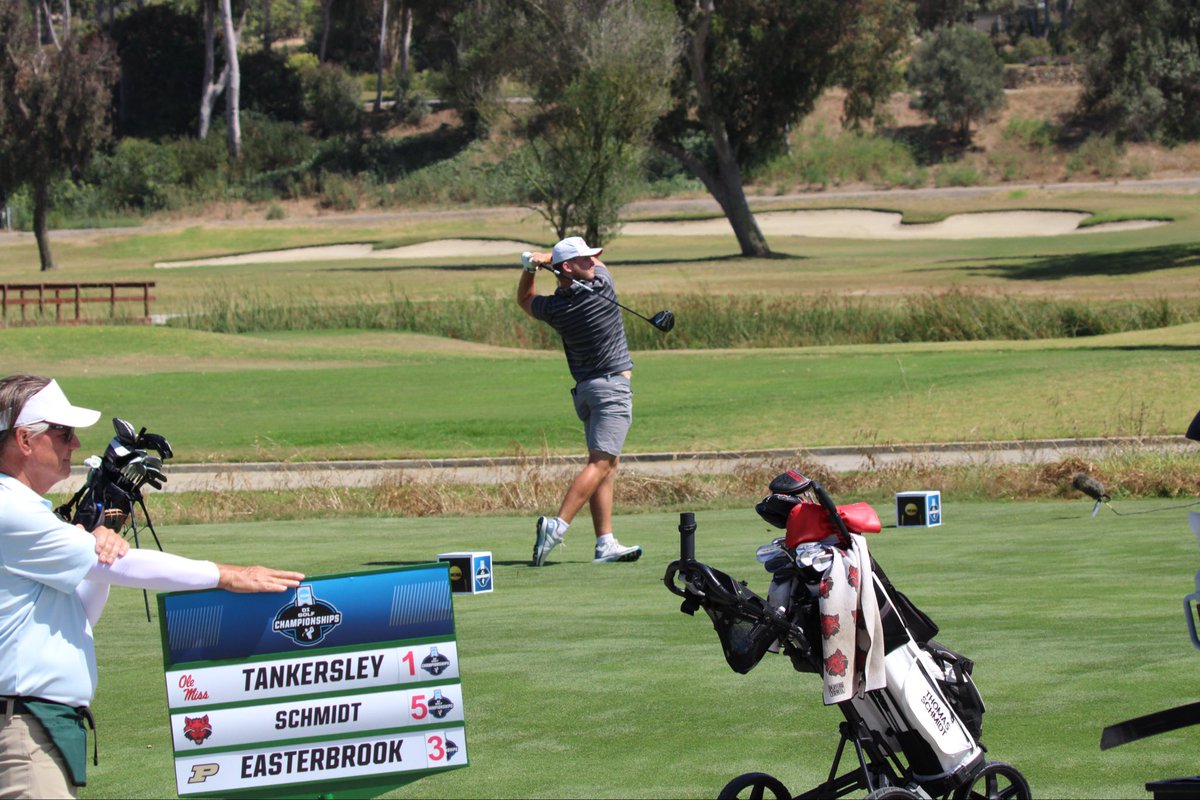 AStateMGolf's tweet photo. Thomas Schmidt (-5) T12th playing the 18th hole as he prepares to make the turn in fourth round of NCAA Championships. Live coverage now on @GolfChannel 
#WolvesUp https://t.co/c3W8a6LcKX