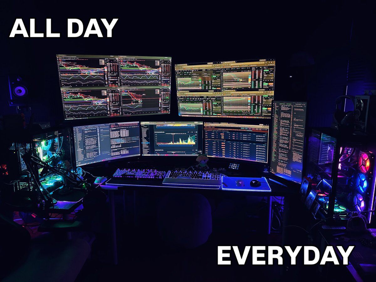 IVIODD3R's tweet photo. Yes.. yes I do sleep at my desk. The left PC is running agentic AI that snipes BTC futures. The right PC is being used to build “PROPHET”. Which is an all in one Crypto trading hub for leverage trading any exchange. It has a 3 engine sniper, reversals to catch shorts, macro analytics, and watchlist dashboard with interactive charts. I am looking forward to releasing it in the next month. Get ready for this crash and the proceeding bull run. Much love, IVI #crypto #Trading #silver .