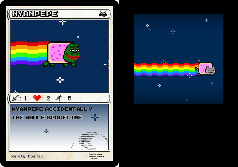 subterranean_1's tweet photo. Today's Rare Pepe Lore Lesson™️ is Series 10, Card 49 - NYANPEPE. The creator of the card is unknown. The current floor price is .0013 BTC ($92 USD).

This is a 1/4,200 card with a circulating supply of 4,056 after 144 were sent to the burn address 1BurnPepexxxxxxxxxxxxxxxxxxxAK33R. 

167 wallets hold a copy of this card and the largest holder controls 51.8% of the circulating supply (2,100/4,056). 

This is a pepefied version of Nyan Cat which is an animated GIF created on April 2, 2011 by then 25-year-old Christopher Torres of Dallas, Texas, who uses the name "prguitarman" on his website LOL-Comics. 

Torres explained in an interview where the idea for the animation came from: "I was doing a donation drive for the Red Cross and in-between drawings in my Livestream video chat, two different people mentioned I should draw a 'Pop Tart' and a 'cat'." In response, he created a hybrid image of a Pop-Tart and a cat, which was developed a few days later into the animated GIF.

Three days later (April 5, 2011) YouTube user saraj00n uploaded a video that combined the GIF with a Japanese pop song. The video ranked at number five on the list of most viewed YouTube videos in 2011.

The artist of the Rare Pepe card added in some 8 bit graphics, RPG icons, and ASCII art to give the card an old-school feel. At the bottom right in nearly illegible text, it reads "Nyanyanyanyanpepepepepepepepe" which is a nod to the original song "Nyanyanyanyanyanyanya!" which was uploaded to the Japanese video site Niconico in July of 2010. 

The Japanese word nya (にゃ) is onomatopoeic, imitating the call of a cat (equivalent to English "meow").

Further reading/viewing:

Nyan Cat - https://t.co/LwYKJxuh7Z

Nyan Cat! official video - https://t.co/GXZ7qVHLPT

Niconico - https://t.co/qLByZUQCMf

Onomatopoeia - https://t.co/lLqfIyjDD1

ASCII art - https://t.co/Z1vKWMuV74

 LOL-Comics site - https://t.co/0vFZJWpVgx

prguitarman's Instagram - https://t.co/u30NN7wT3o

prguitarman's Reddit - https://t.co/O9ChK3Ujpm

Business Insider article about Nyan Cat being sold as an NFT for $690,000 - https://t.co/XHCxNfSybt