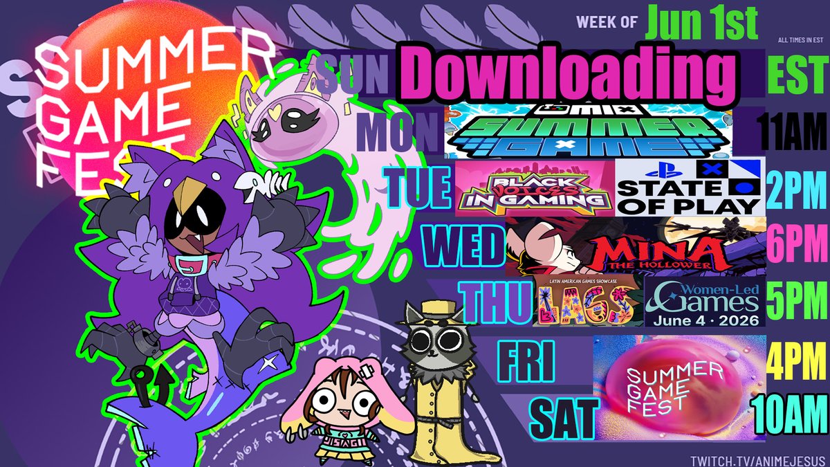 MangaMessiah's tweet photo. This week on birb thing

Summer Games fest!!

Collabing with a delusional rabbit from the moon @WeaselSpeed  and a trash scrounging racoon heroine @Just_a_raccooon  on flagship events and more!! 

We will have special surprises in store!

Mina the Hollower Wednesday + randomly! https://t.co/20RDo8RV7d