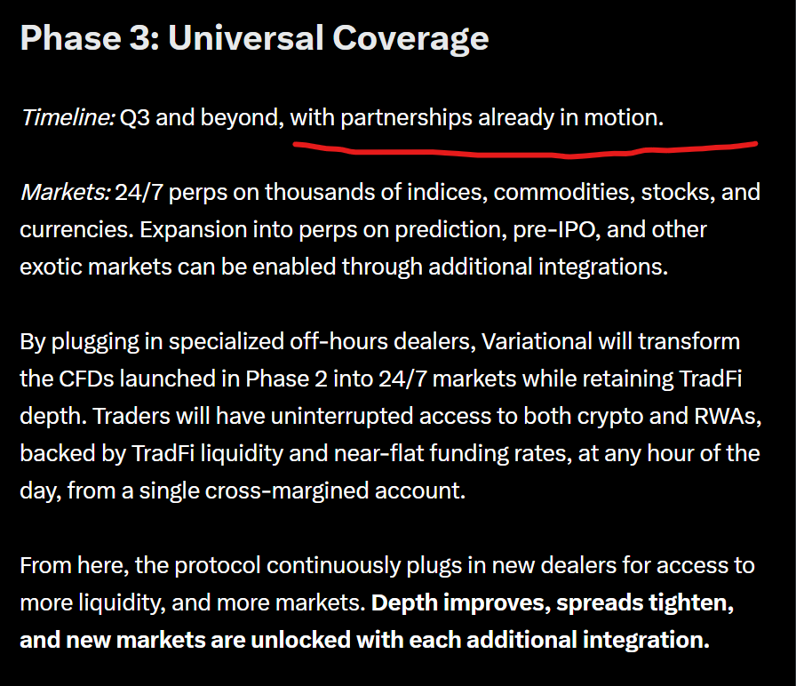 shadowofintent3's tweet photo. Phase 2 will be a Giant, but Phase 3 is the Behemoth. I am honestly already looking forward to it as I just got a gut feeling Phase 2 is going to be a blockbuster hit. 

Thousands. Billions in Volume. Variety. Nonstop 24.7.

Near flat funding, this is what sets the difference in my opinion people who yield funding rates whether it be the most barebone delta neutral farmer too larger firms/users can find opportunity more easier on all sorts of pairs if they choose Variational paired with another Cex/Dex. 
Thus keeping OI heavy on Variational not including the Incentives that will drive people towards making it their home. Not even including points for airdrops either in the future.

* Yield from Funding via https://t.co/zSXamN8rwO with a new set of sticky delta neutral users beyond TGE. Tighter Spreads with Immense Depth for easier long/short pairing of the same tickers.
* Platform Credit Incentivization for Existing & New Users
* OLP vault Yield & Boosted Tier rewards as accounts mature from being regular users of OMNI
* Trading Competition Rewards
* Waiting 7 days to withdraw your Funds like a dinosaur (Thanks Coinbase & IBKR)
* SIMPLICITY - I don't have to sign up with dozens of different accounts cause platform xyz has this set of pairs but platform abc doesn't have it. Its all in ONE AGGREGATED ACCOUNT.

Think about it, the same method that OLP uses to get good rates on cex's due to the sheer usage they have with gaining special discounts & rewards on other platforms from their own market making. 
Will also be the same type of end user incentives  that will keep existing users & newer users to try it out then go down the value funnel.
So many ways that this fly wheel can be sufficient from top too bottom.

OMNI improves upon the lacking of ETORO/IBKR.

PRO improves upon the archaic OTC system framework of Deribit's Emails/Telegram trust me bro system. I will discuss Pro probably after Q3-Q4 this year cause Omni ties in with PRO from beyond this year alone. 

This isn't some 20th + clone perp dex people, genuinely this team and its vision goes way past and beyond that which makes it stand out. The Team is what makes the execution of this vision possible. So far they have put the money where their mouth is and their eyes glued to the code whipping up integrations day and night. This will become another immense success story in the months ahead.

Variational is Generational.