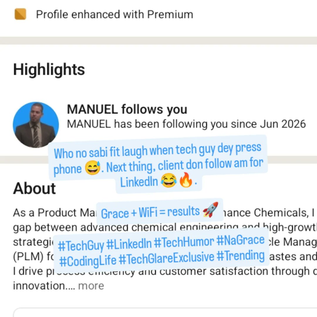 chie_mora's tweet photo. Grace of a tech guy is always sweet 😅💻. Who no sabi fit think say na ordinary phone pressing, but God don make my client follow me on LinkedIn 😂🔥.

From debugging code to attracting clients... na grace be that! 🙌🚀

#TechGuy #LinkedInWin #TechLife #CodingLife #ClientSuccess https://t.co/OG4ujPjmC9