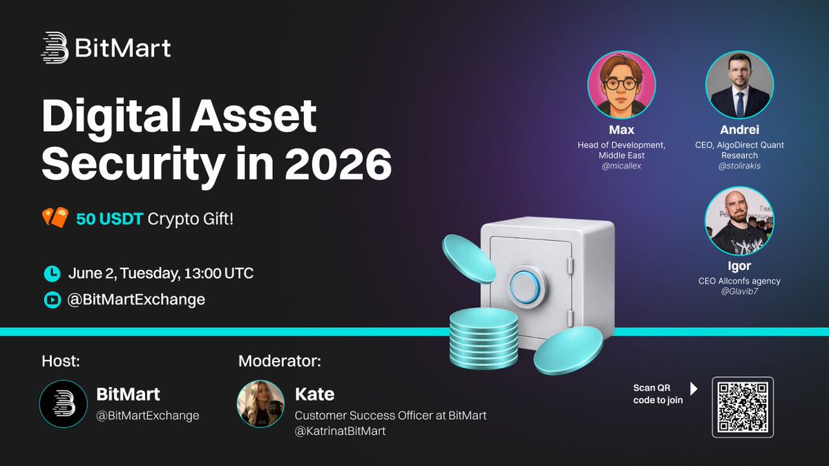 BitMartExchange's tweet photo. 🔒 Digital Asset Security in 2026

From exchange hacks and phishing attacks to AI-powered scams and evolving regulations, the security landscape is changing rapidly.

Join our YouTube Live as we discuss the biggest threats facing digital asset holders today, who is responsible for protecting users, and how security may evolve over the next five years.

🎁 50 USDT Crypto Gift during the stream.

📅 Date: June 2, Tuesday
⏰ Time: 13:00 UTC
📍 Hosted by: @BitMartExchange
🎙 Guests:
Max — Head of Development, Middle East @micallex
Andrei — CEO, AlgoDirect Quant Research @stolirakis
Igor — CEO, Allconfs Agency @Glavib7

🎤 Moderator:
Kate — Customer Success Officer at BitMart @KatrinatBitMart
Language: RU

Join here: https://t.co/s8W0ogrJnN