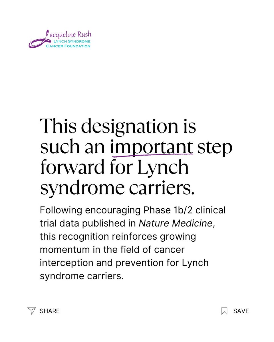 JRushFoundation's tweet photo. Encouraging news for the Lynch syndrome community. 💜

The FDA has granted Fast Track Designation to NOUS-209, an investigational immunotherapy being studied for cancer interception and prevention in individuals with Lynch syndrome.

#LynchSyndromeAwareness #NatureMedicine https://t.co/2M5P2sx9TO