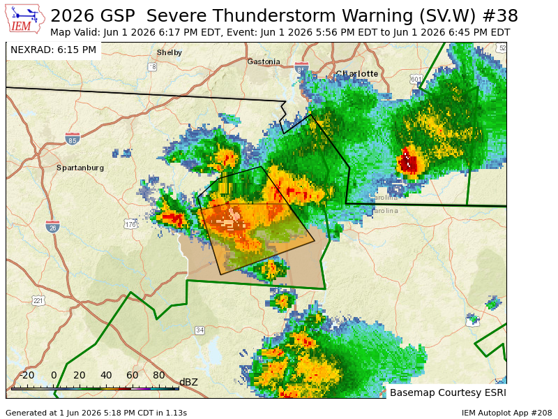 WeatherUpstate's tweet photo. GSP updates Severe Thunderstorm Warning [wind: 60 MPH (RADAR INDICATED), hail: 1.00 IN (RADAR INDICATED)] (cancels York [SC], continues Chester [SC]) till 6:45 PM EDT https://t.co/5vqhgyZ7cY https://t.co/nVx48oD6R2