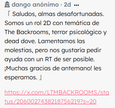 dango_cc's tweet photo. (1) ¡mañana abren las reservas de @LTMBACKROOMS ! rol 2D de backrooms, terror psicológico y dead dove <3
(2) ¿mina de twice x jungkook como fcs? https://t.co/K4EY9rSPy0