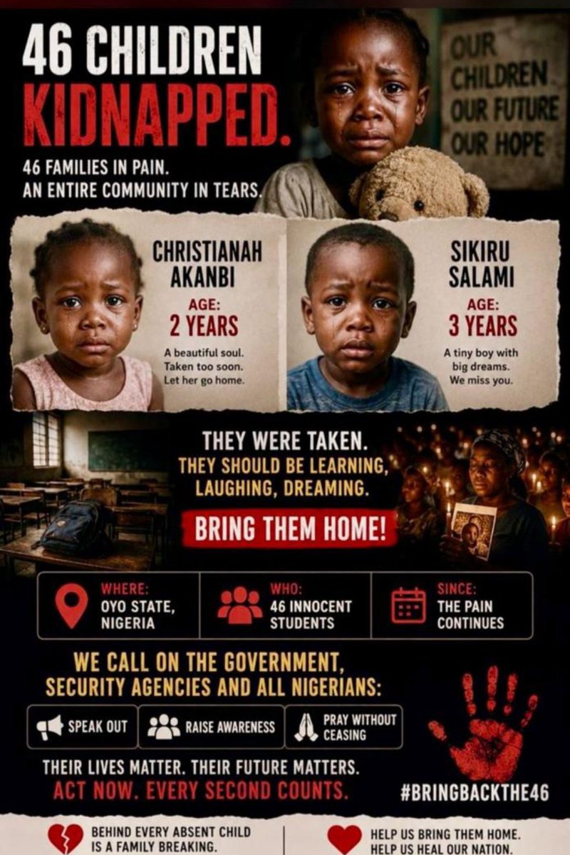 DocOmeiza's tweet photo. Before you sleep
Kindly say a prayer

Day 17
7 teachers and
39 children in Oyo

40 children in Borno State 
We're kidnapped the same day.
Total of 86 people. 
#BRINGBACKOURCHILDREN https://t.co/ERvpBGq0kb