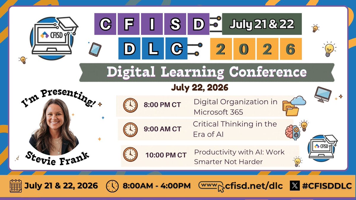 CyFairEdTech's tweet photo. 🌟 We’re excited to have Stevie Frank join us at the CFISD Digital Learning Conference on July 21-22! ✨ Don’t miss the session on Digital Organization in Microsoft 365 and Critical Thinking in the Era of AI.
#CFISDDLC @CyFairEdTech

https://t.co/Ct8oKwTAim https://t.co/CXjYD2dH7o