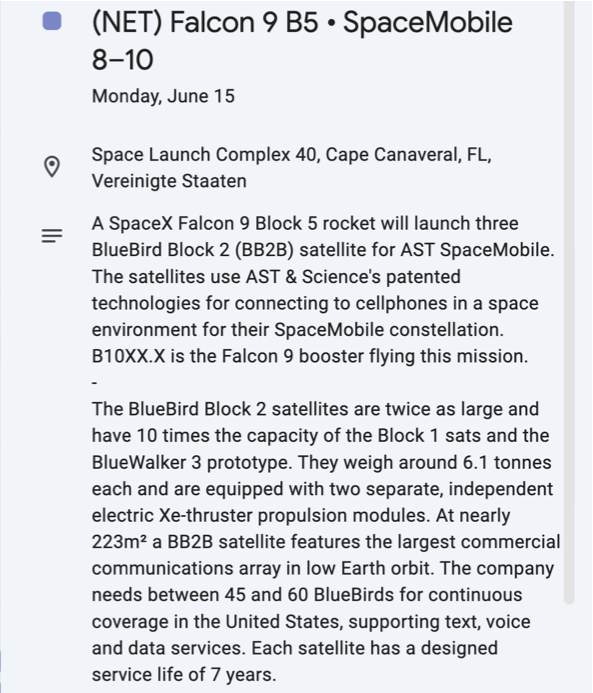 HeeraniPK's tweet photo. Worldwide Space Launches Calendar shows that the $ASTS BB8-10 satellites will be launched by @SpaceX on its Falcon 9 rocket on Monday, June 15th, from SLC-40, Cape Canaveral, Florida.

Remember that $ASTS made a statement saying none of the missions planned for the next few months are scheduled with Blue Origin, and that their Satellites are designed to be launcher-agnostic. They also said they have agreements in place with multiple launch providers.
