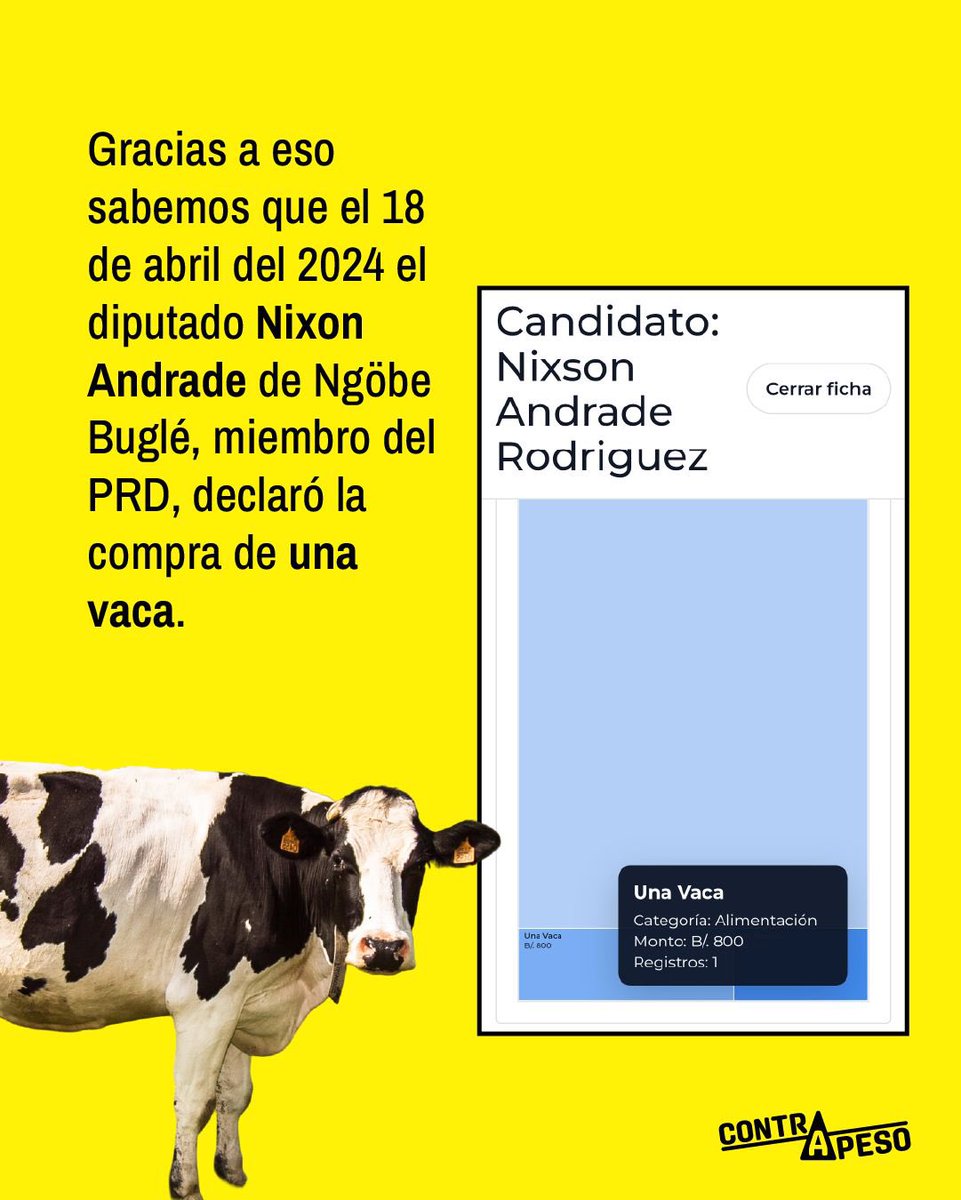 contrapesopa's tweet photo. Cosas que no entiendo de Panamá: ¿una vaca es necesaria para ganar las elecciones? Un vistazo a los gastos electorales de los candidatos a presidente, alcalde y diputado.

¿Una equivocación o parte de la estrategia electoral? https://t.co/zbnhXfoxiv