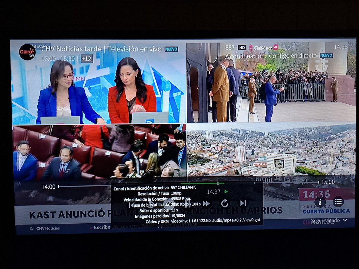 MrPac87's tweet photo. Chilevisión 4K ya llegó a los TV Stick de Claro y VTR, con resolución máxima a 2160p y 60 fps.

Aunque, en mí caso está limitado a 1080p60, ya que mis TVs no son 4K, pero aún así, CHV 4K tiene una calidad brutal comparando con los HDs normales, con altísimo bitrate. https://t.co/uag5Ae0Pqd