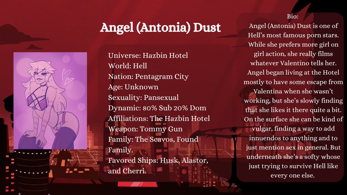 PoisonedAngie's tweet photo. "Poison, I'm Sick of the Poison, Wish I Had Somethin' To Live For Tomorrow..."

~ Angel (Antonia) Dust 
~ Fem!Angel
~ Hellaverse RP Account   
~18+ Mun and Muse (MDNI)   
~N/SFW    
~Non/Lewd (Mostly Lewd)   
~Multi-Ship   
~Pansexual   
~20/80 Dom/Sub 
~Please Check Full Pinned https://t.co/zNQronXx0b