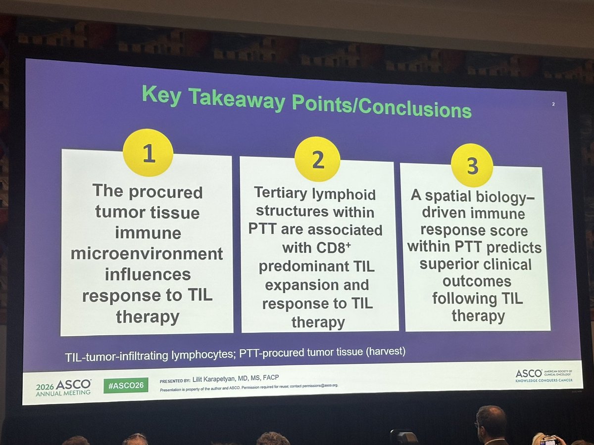 MoffittNews's tweet photo. Happening live at #ASCO26, Lilit Karapetyan, MD (@KarapetLilit), presents research exploring immune features within melanoma tumors and their potential role in durable responses to tumor-infiltrating lymphocyte (TIL) therapy. #MoffittASCO26 https://t.co/JzYXmoCpTA