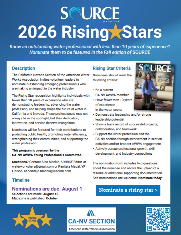 CANVAWWA's tweet photo. 🌊 The 2026 Rising Stars nomination period is OPEN! Help us celebrate engineers, operators, and emerging leaders who are driving innovation, teamwork, and positive change in California and Nevada’s water community. https://t.co/nxpMMlIOkj