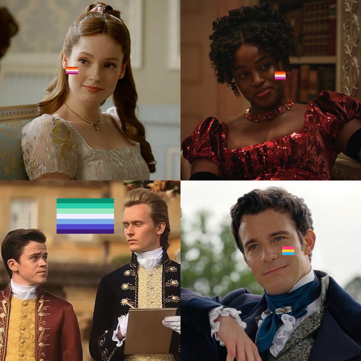 burkinababee's tweet photo. i love that we have 5 canon queer characters in bridgerton (so far) and we get to see how each one of them navigates their sexuality in a society like theres. https://t.co/EcrIefU2H7